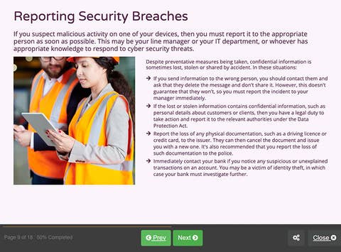 Course screenshot showing how to report security breaches