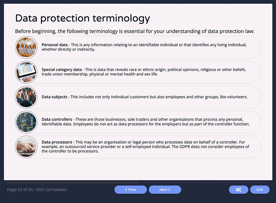 Course screenshot showing data protection terminology
