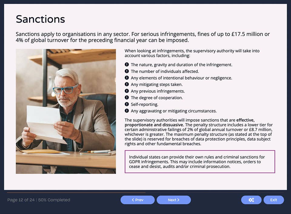 Course screenshot showing sanctions