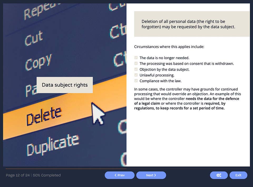 Course screenshot showing data subject rights