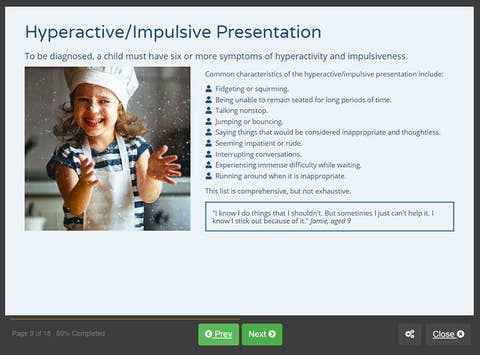 Course screenshot showing hyperactive/impulsive presentation