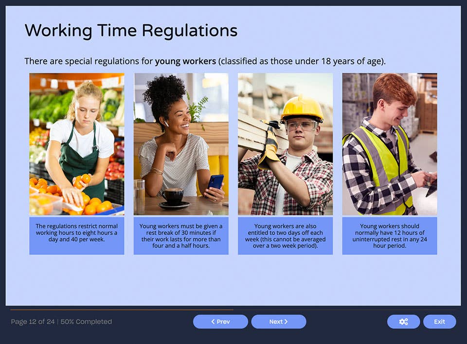 Course screenshot showing working time regulations