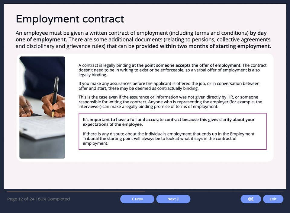 Course screenshot showing employment contract details