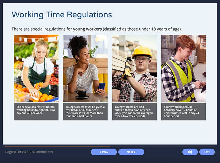 Course screenshot showing working time regulations