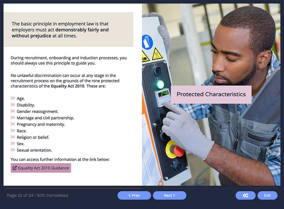 Course screenshot showing protected characteristics
