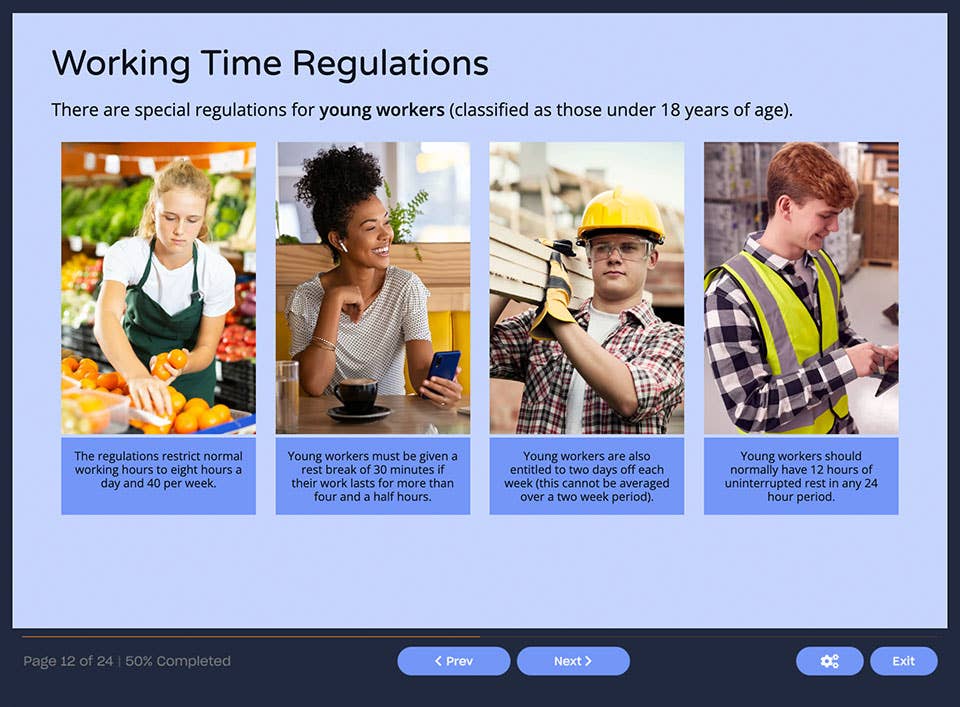 Course screenshot showing working time regulations