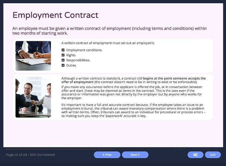 Course screenshot showing employment contract