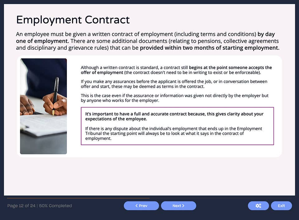 Course screenshot showing Employment Contract