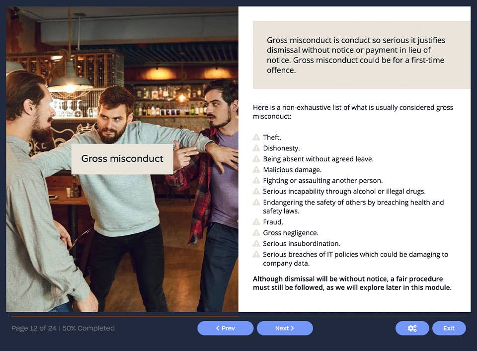 Course screenshot showing gross misconduct