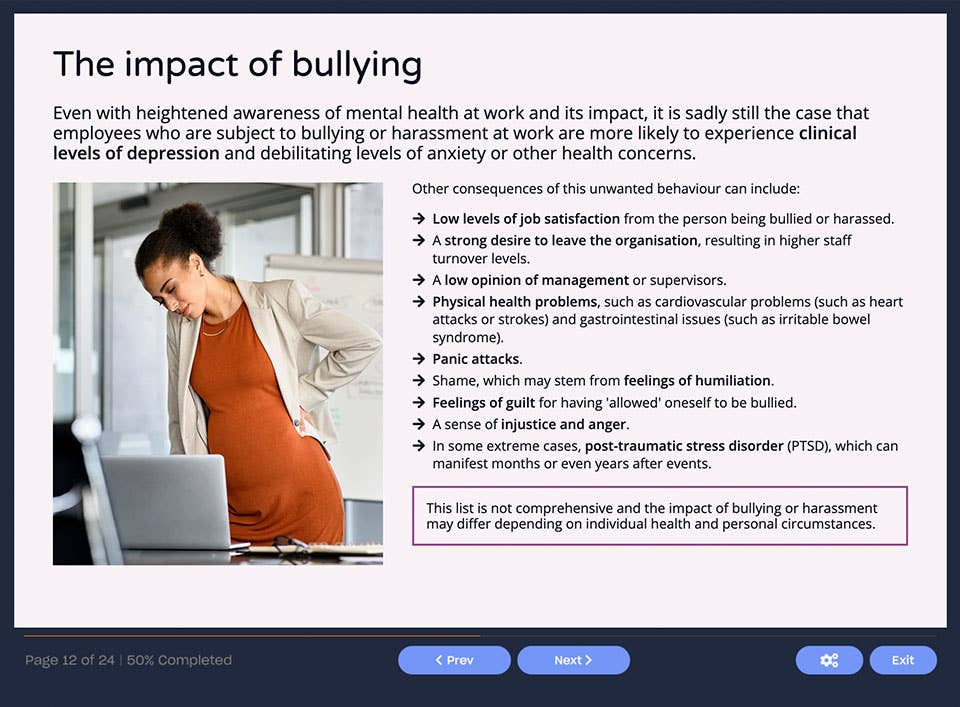 Course screenshot showing the impact of bullying