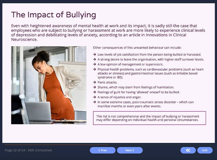 Course screenshot showing the impact of bullying