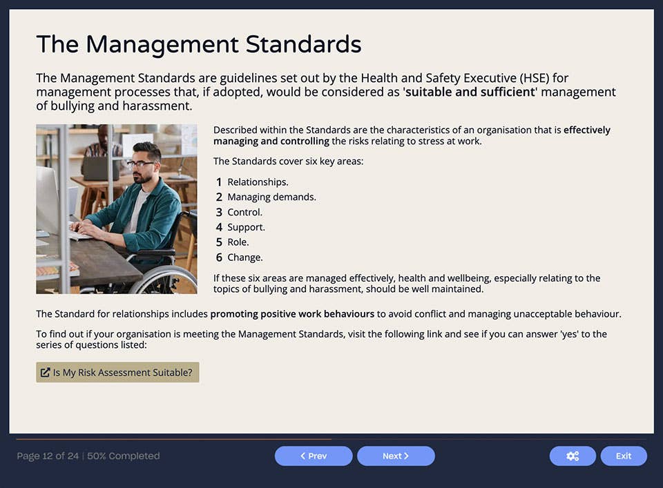 Course screenshot showing the Management Standards