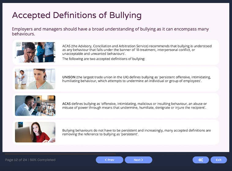 Course screenshot showing accepted definitions of bullying