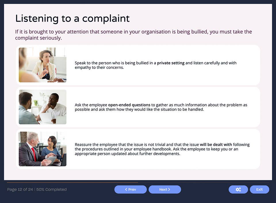 Course screenshot showing how to listen to a complaint
