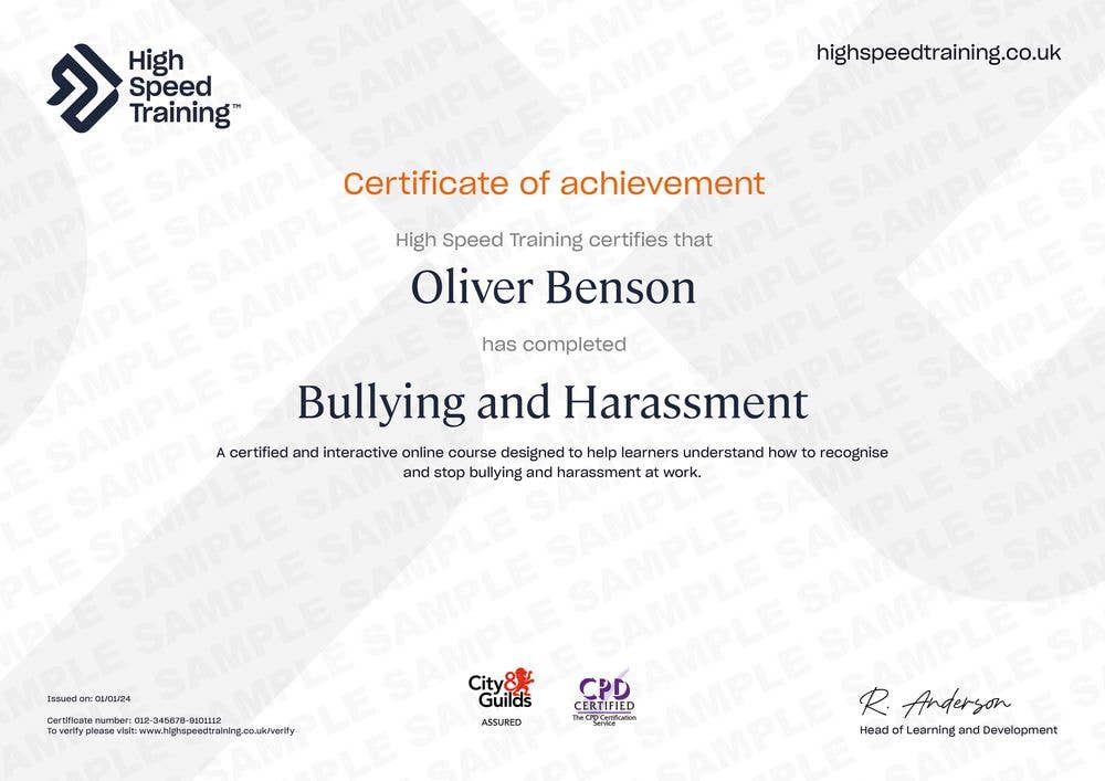 Sample Bullying and Harassment certificate