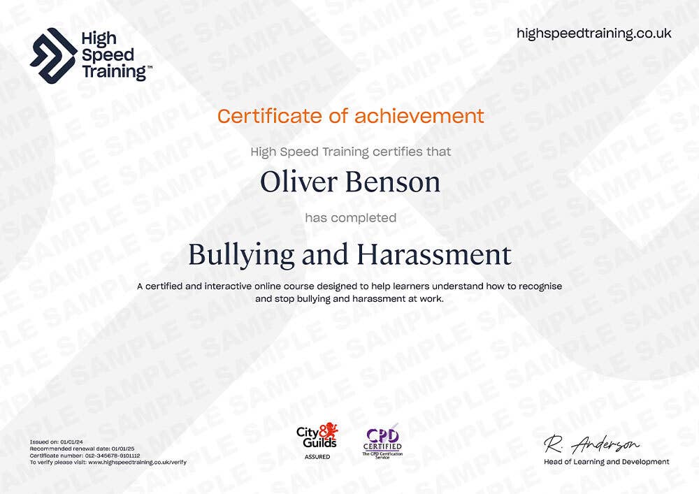 Sample Bullying and Harassment certificate