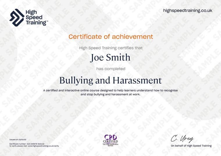 Sample Bullying and Harassment certificate