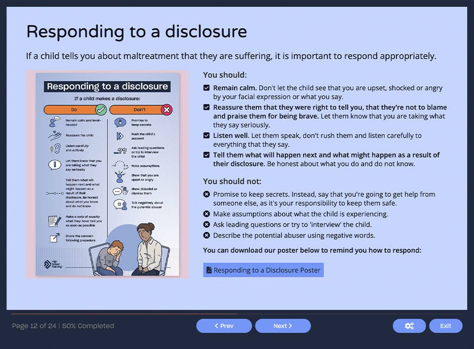 Course screenshot showing responding to a disclosure