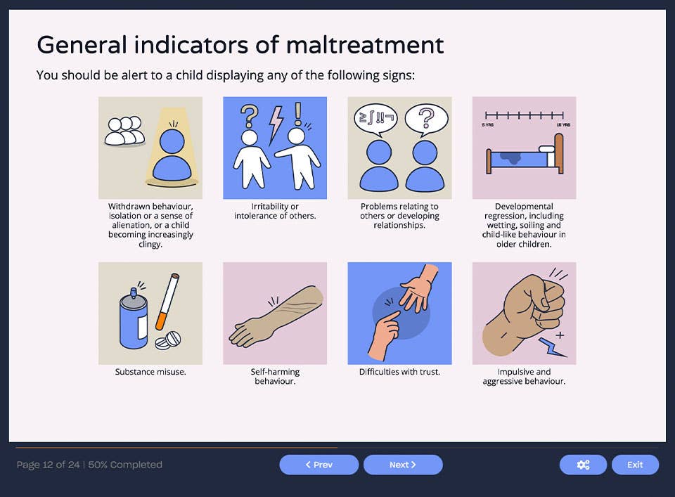 Course screenshot showing indicators of maltreatment