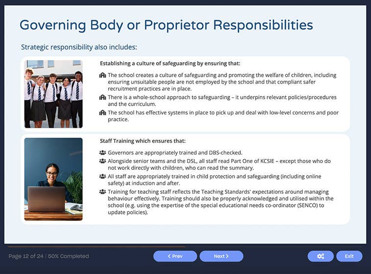 Course screenshot showing governing body or proprietor responsibilities