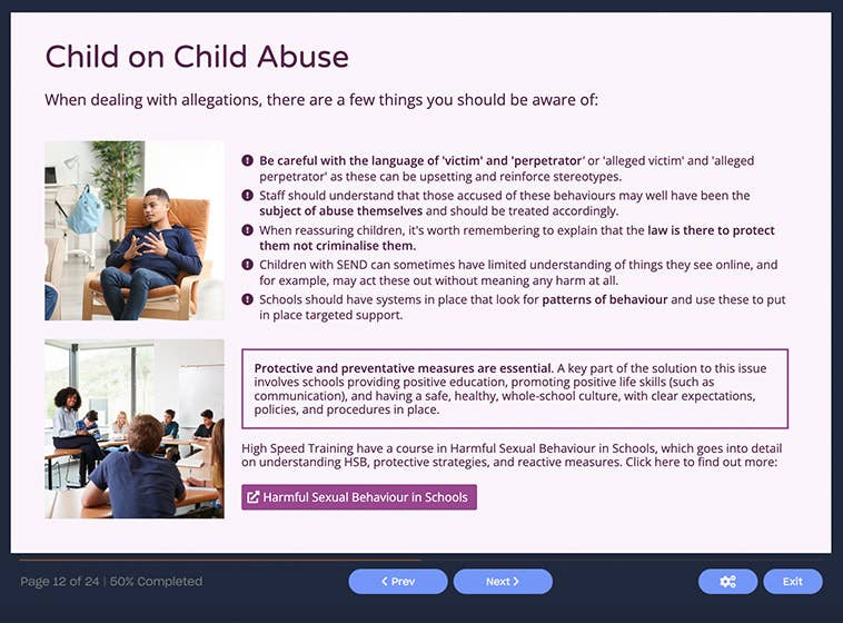 Course screenshot showing child on child abuse