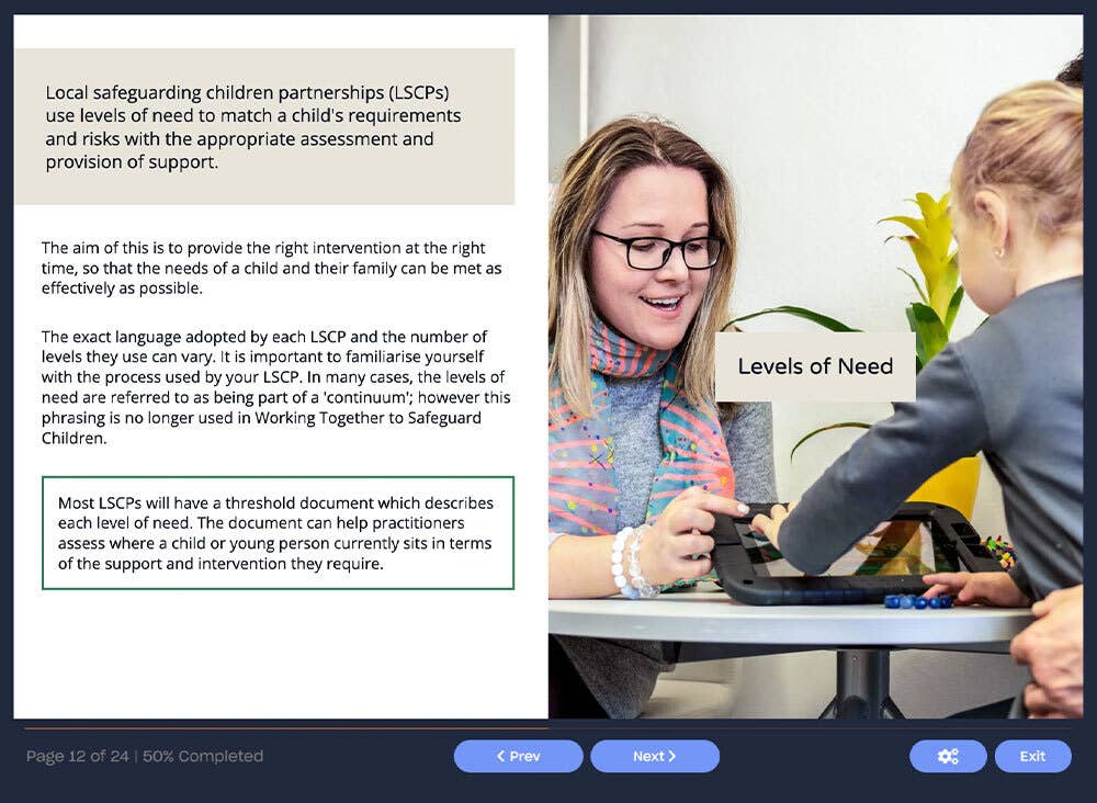 Course screenshot showing levels of need