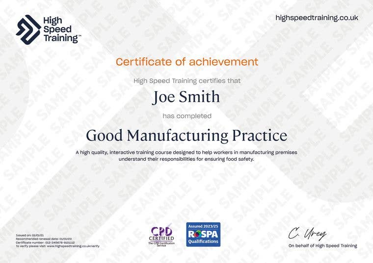 Sample Good Manufacturing Practice Certificate