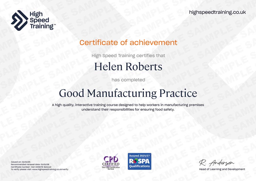 Sample Good Manufacturing Practice certificate