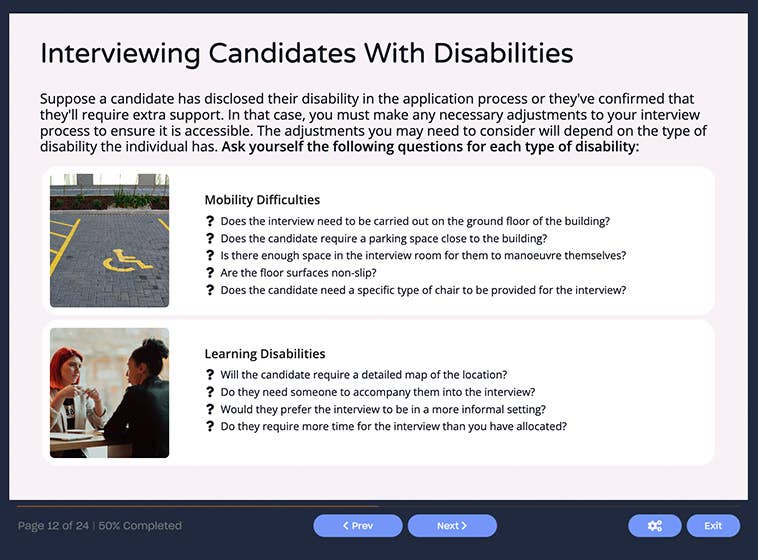 Course screenshot showing how to interview candidates with disabilities