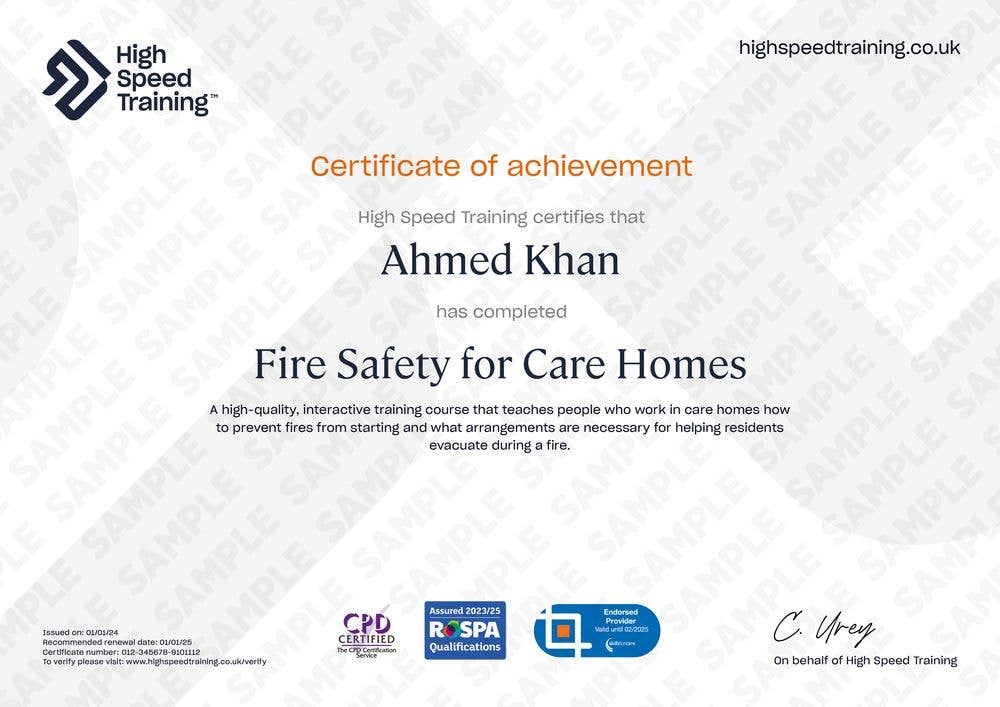 Example Certificate for the Fire Safety for Care Homes Course
