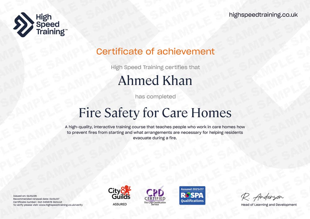 Sample Fire Safety for Care Homes certificate