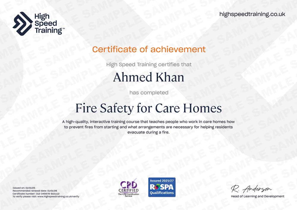 Sample Fire Safety for Care Homes certificate