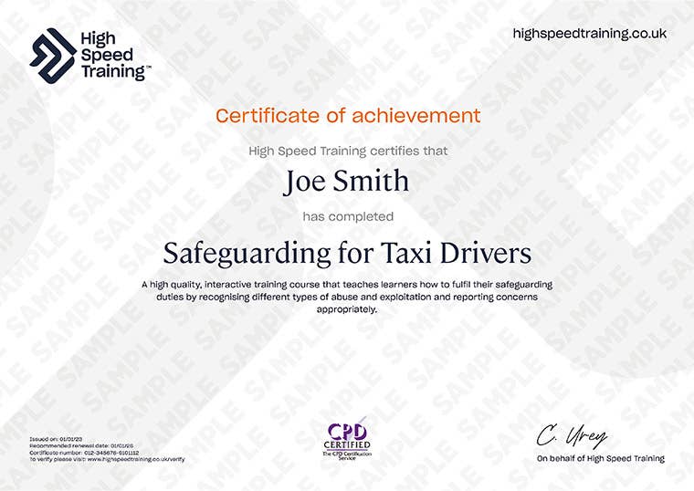 Sample Safeguarding for Taxi Drivers certificate
