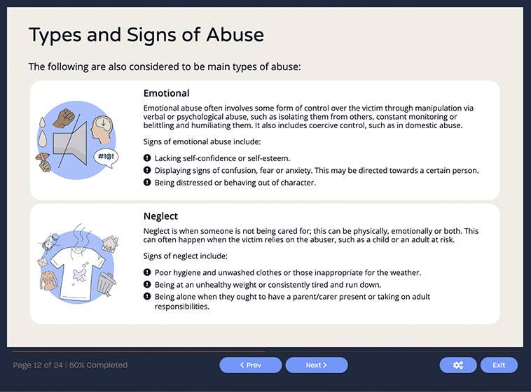 Course screenshot showing the types and signs of abuse