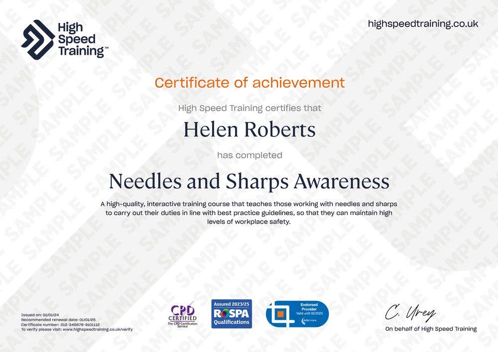 Example Certificate for the Needles and Sharps Awareness Course