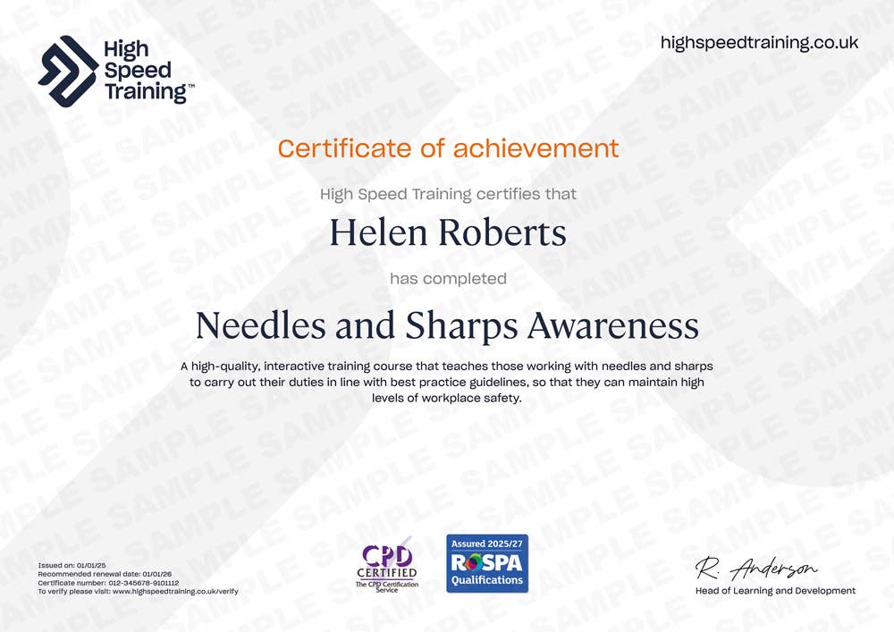 Sample Needles and Sharps Awareness certificate