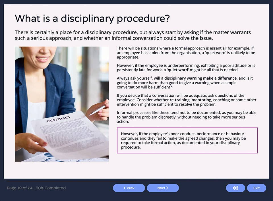 Course screenshot what is a disciplinary procedure?