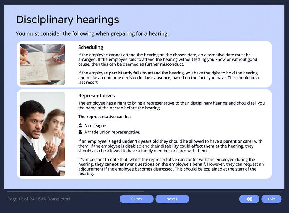 Course screenshot disciplinary hearings