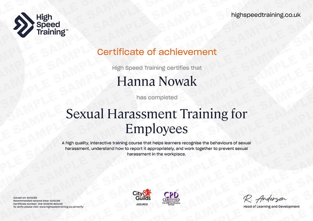 Sample Sexual Harassment Training for Employees Certificate