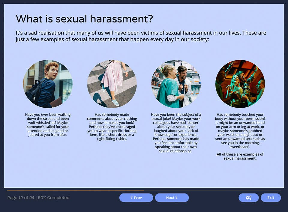 Couse screenshot explaining what sexual harassment is