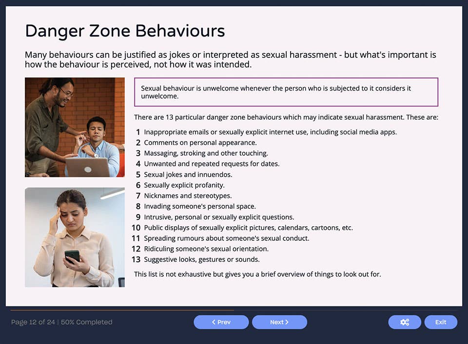 Course screenshot showing danger zone behaviours