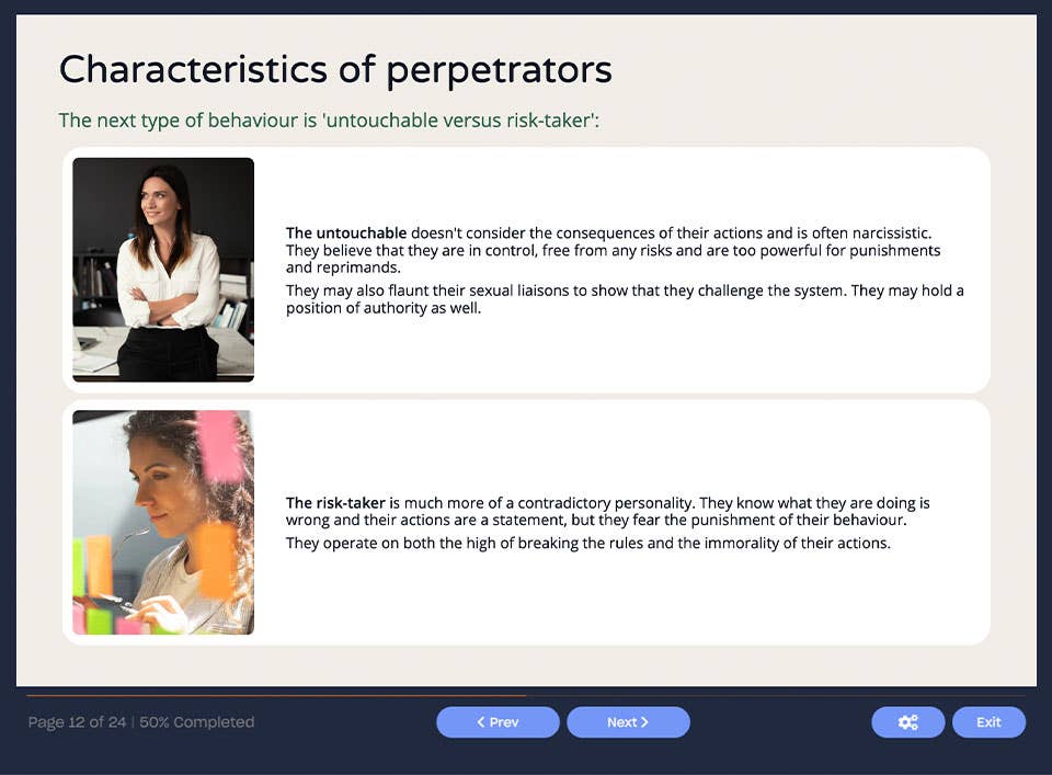 Course screenshot showing characteristics of perpetrators