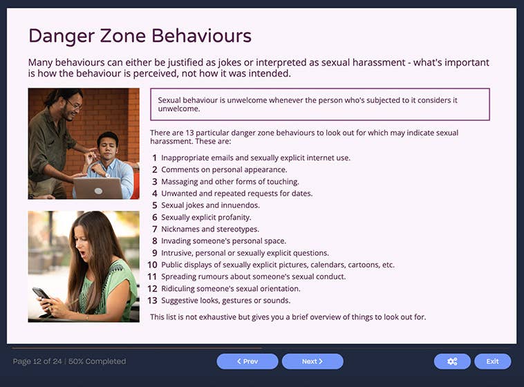 Course screenshot showing danger zone behaviours