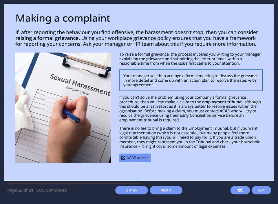 Course screenshot making a complaint