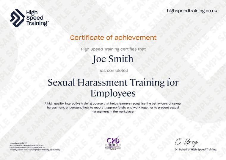 Sample Sexual Harassment Training for Employees Certificate