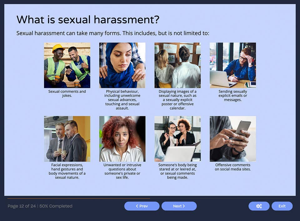 Course screenshot showing what is sexual harassment