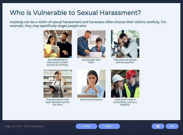 Course screenshot showing who is vulnerable to sexual harassment