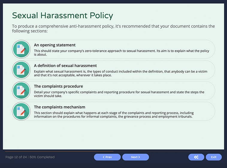 Course screenshot showing the sexual harassment policy