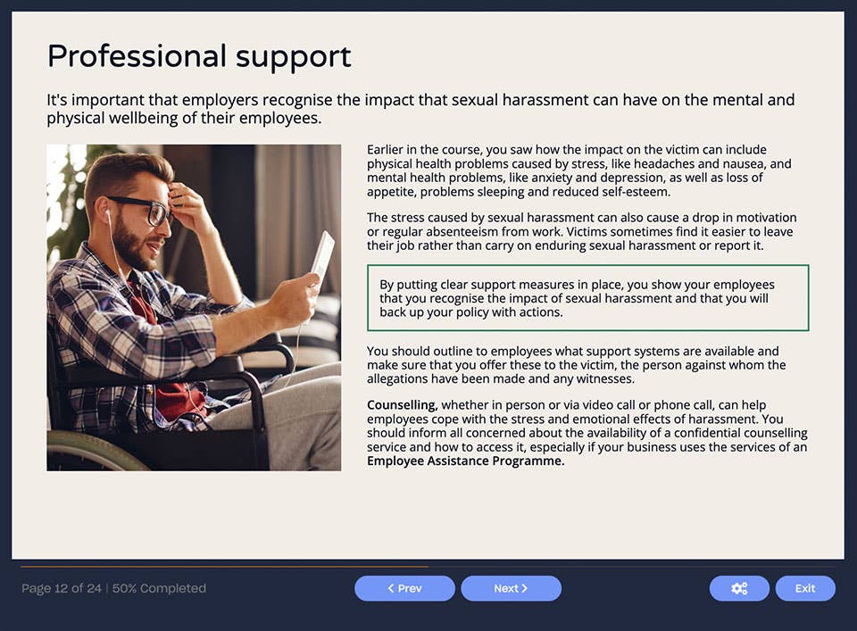 Course screenshot showing professional support