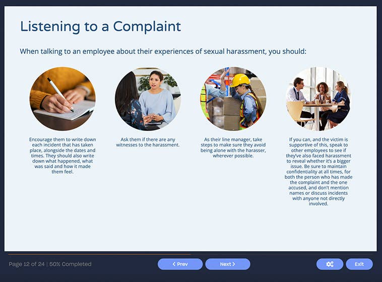 Course screenshot showing how to listen to a complaint